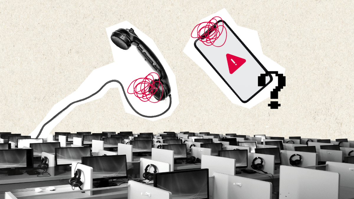 A call centre, mobile phone, and landline are shown in this illustration photo. Thomson Reuters Foundation/Nura Ali
