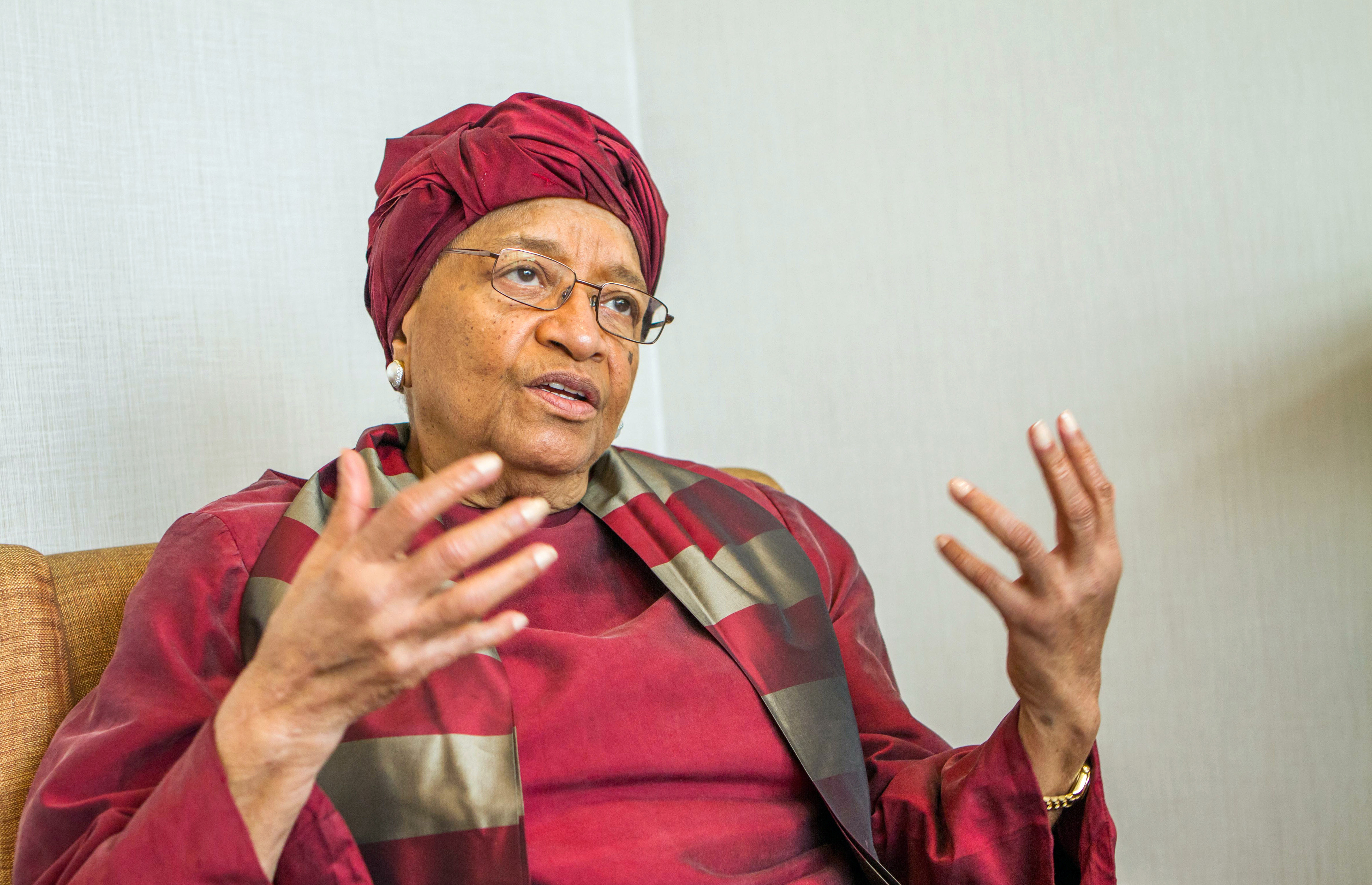 Former Liberian President Ellen Johnson Sirleaf speaks during a Reuters interview in Kigali, Rwanda April 28, 2018. REUTERS/Jean Bizimana