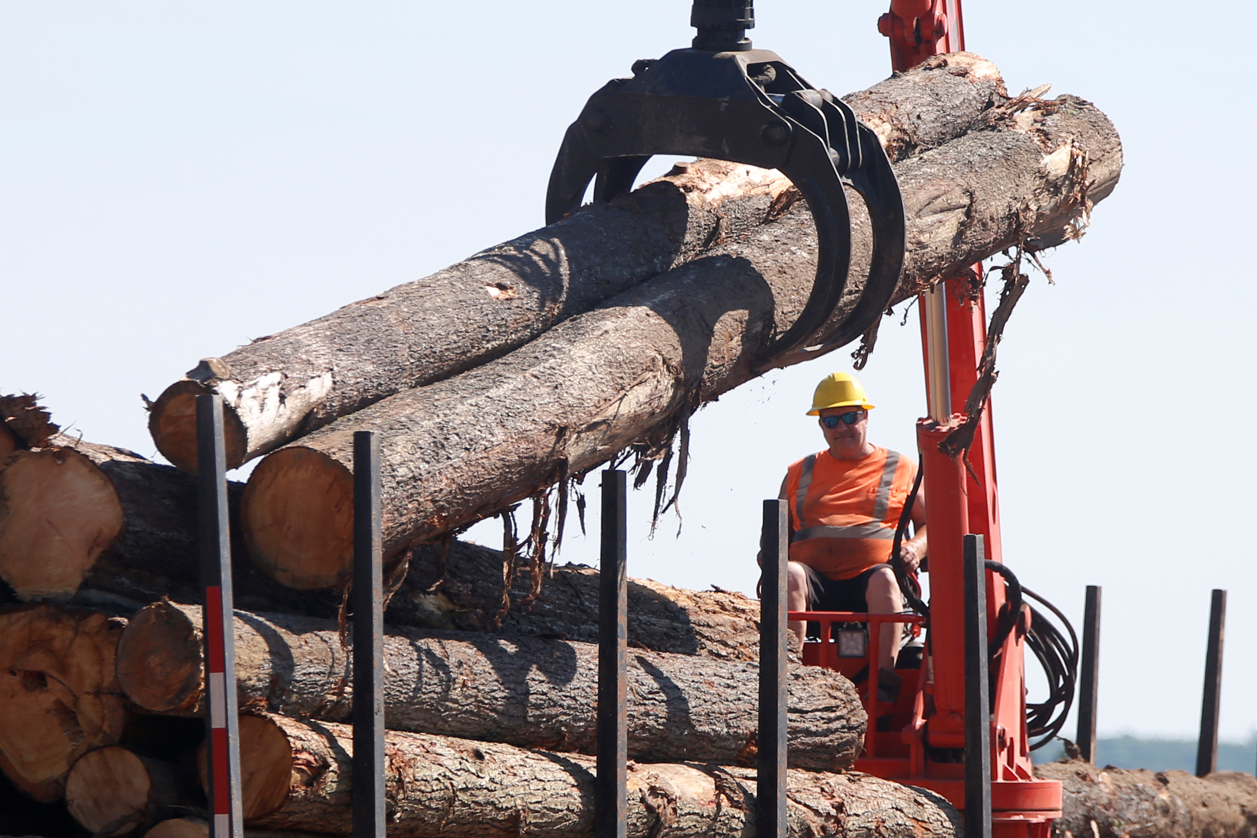 A worker unloads logs at the Murray Brothers Lumber Company in Madawaska, Ontario, Canada, July 4, 2018. REUTERS/Chris Wattie