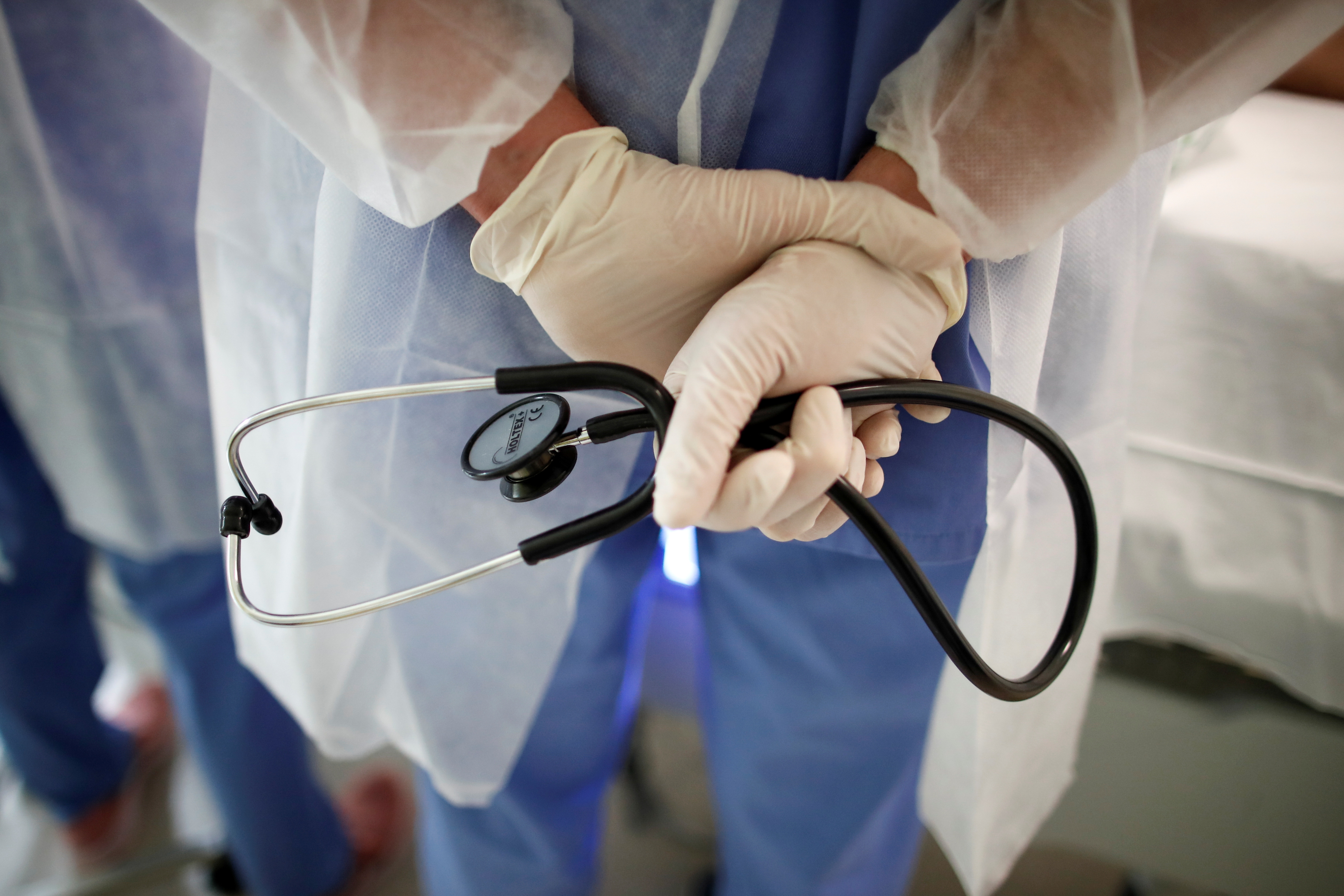 A doctor holds a stethoscope at the Melun-Senart hospital, near Paris, France, October 30, 2020. REUTERS/Benoit Tessier