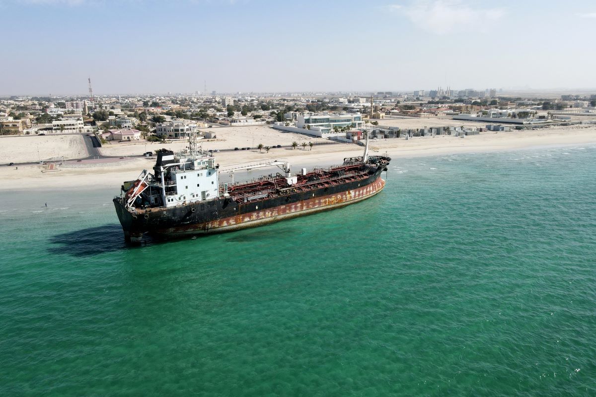 A picture taken with a drone shows an oil tanker named MT Iba in Umm Al Quwain, United Arab Emirates February 8, 2021
