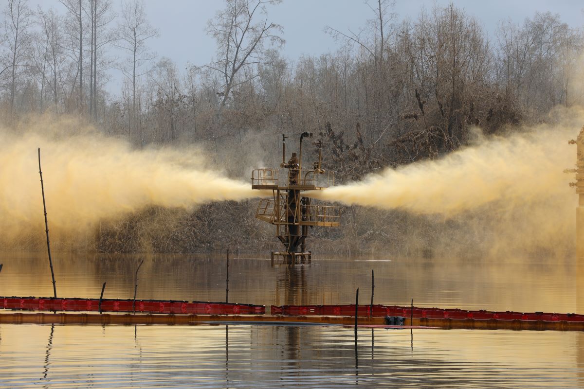 A view of an oil spill from a well head is pictured at Santa Barbara, in Nembe, Bayelsa, Nigeria, November 25, 2021