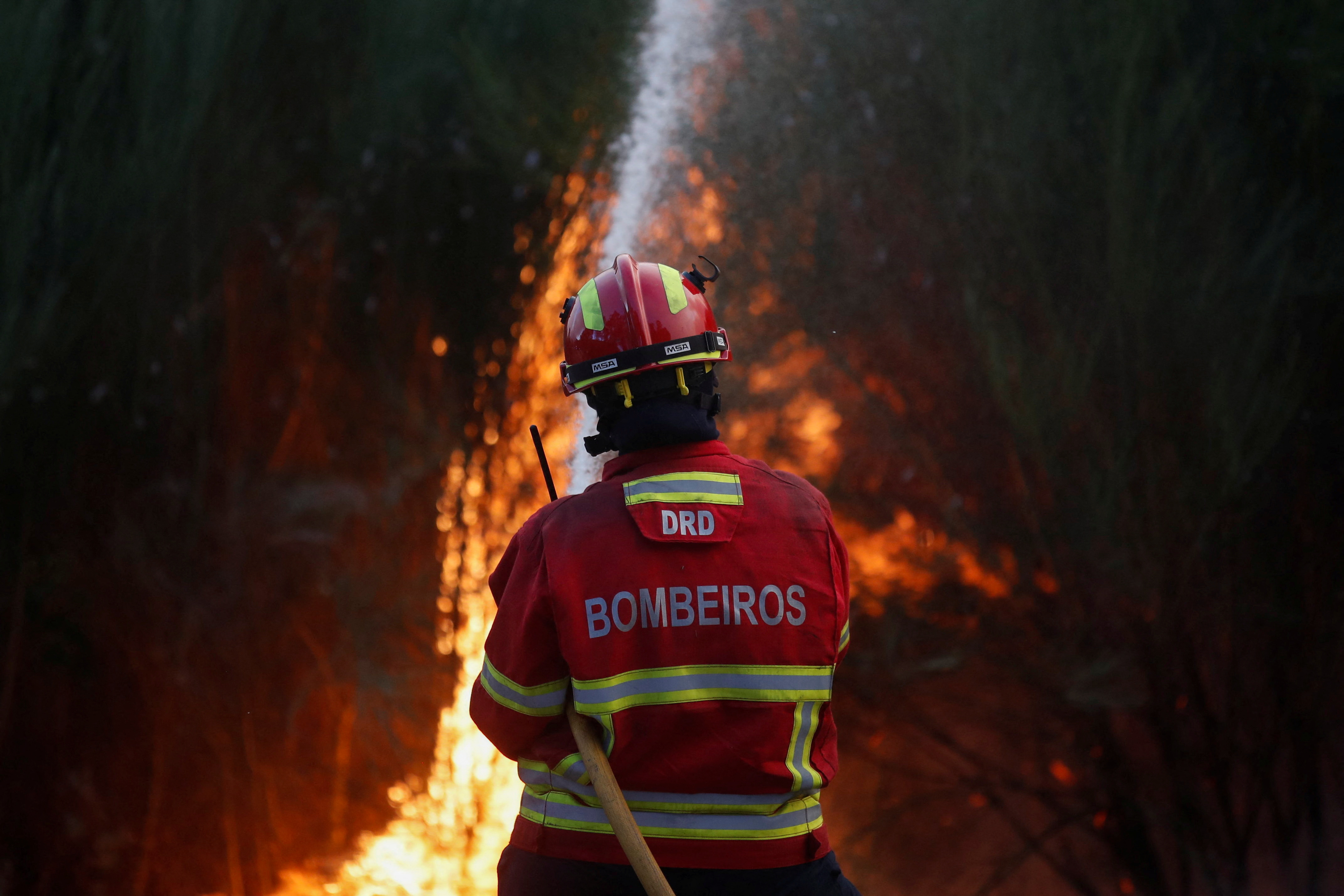 A firefighter handles a wildfire in Videmonte, Celorico da Beira, Portugal, August 11, 2022. REUTERS/Pedro Nunes
