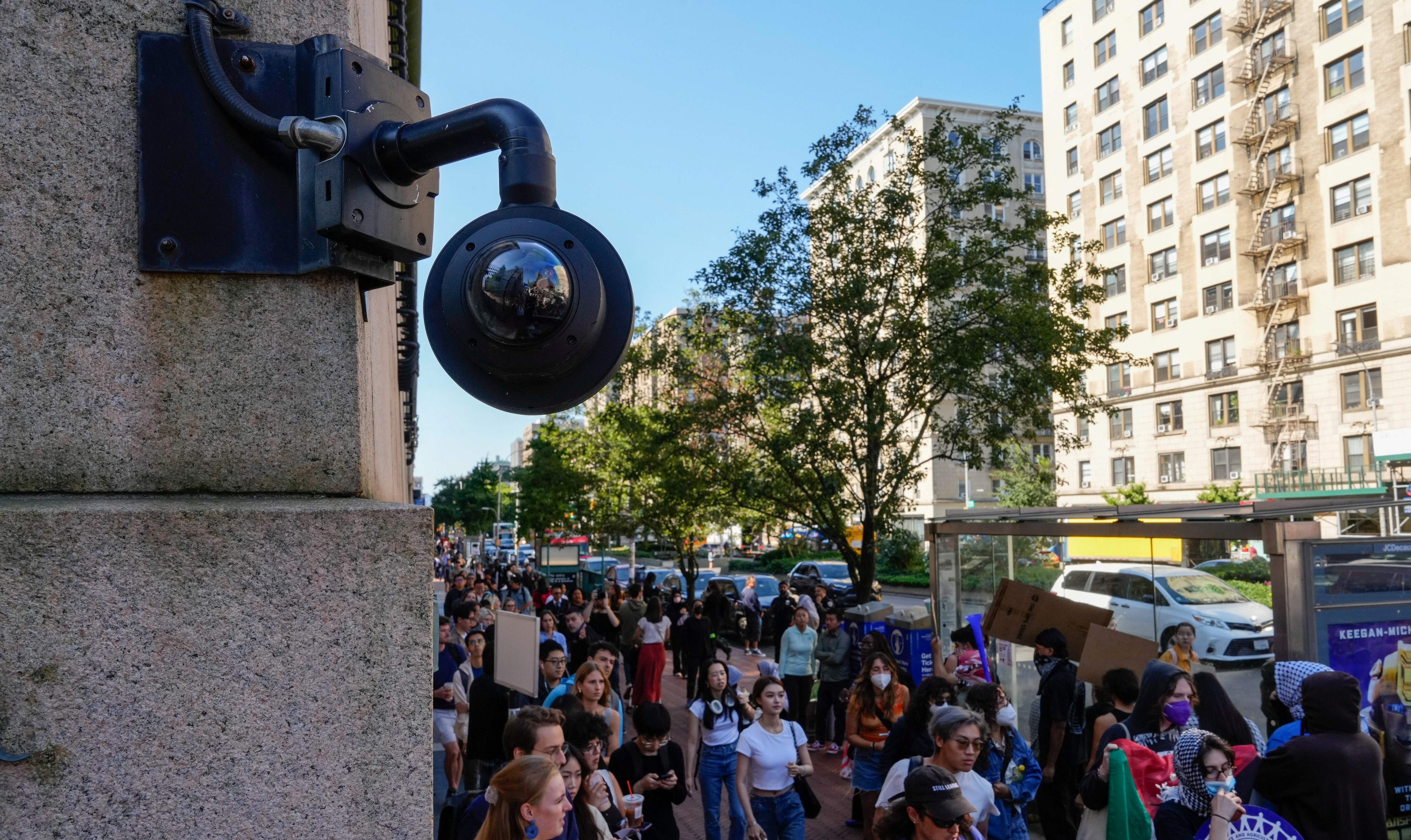 Security cameras monitor during a pro-Palestinian protest outside Columbia University, in New York City, U.S., September 03, 2024. REUTERS/Adam Gray