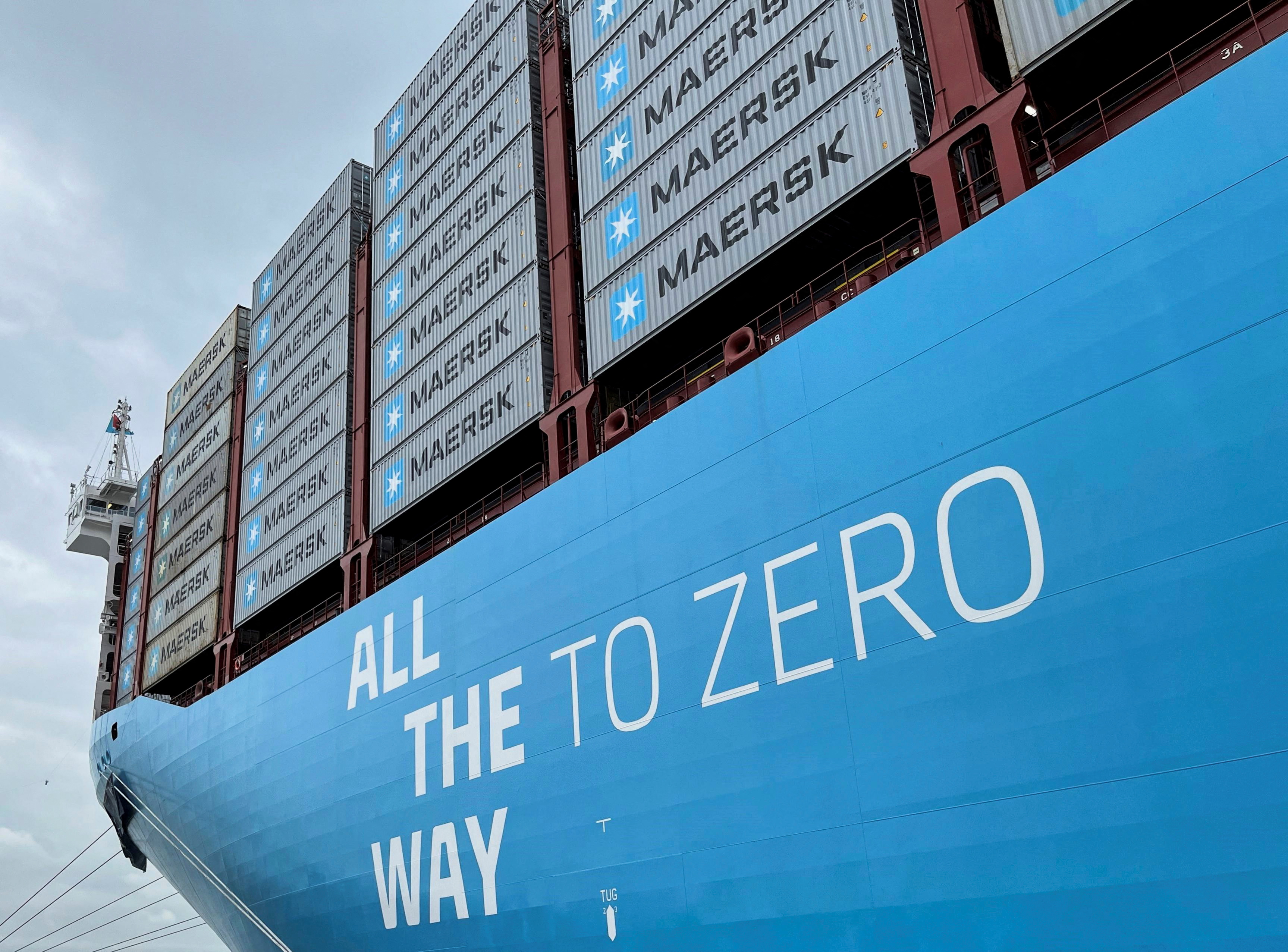 A view of the container vessel "A.P. Moller" as the global container shipping firm A.P. Moller-Maersk officially launches the dual-fuelled methanol container vessel as part of her maiden voyage from Asia to Europe, in Singapore, November 28, 2024. REUTERS/Tan Florence