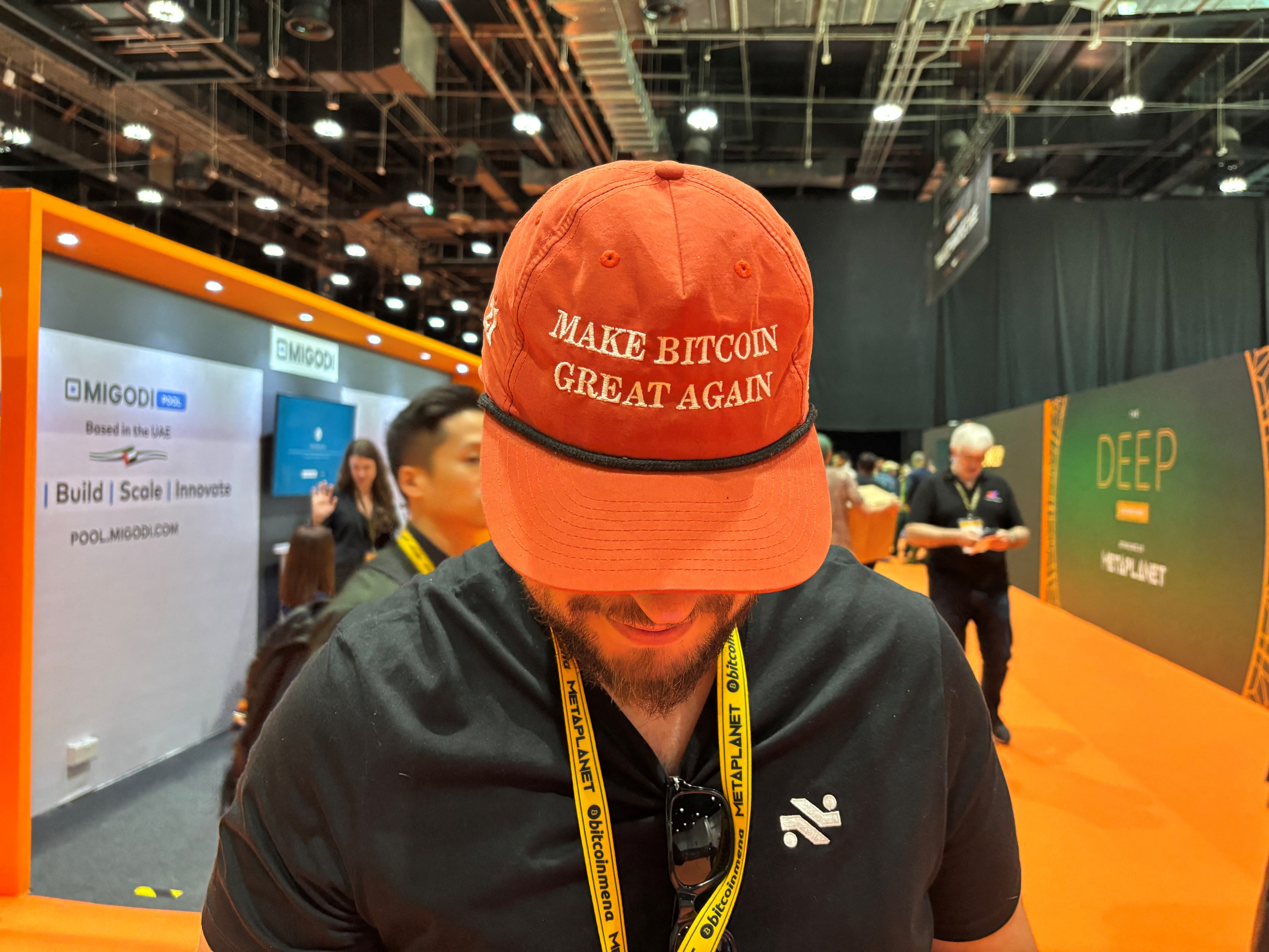 Nick Damico, attendee and co-founder of crypto exchange Roxom wears a cap sporting "Make Bitcoin Great Again" at the Bitcoin MENA conference in Abu Dhabi, United Arab Emirates, December 9, 2024. REUTERS/Federico Maccioni