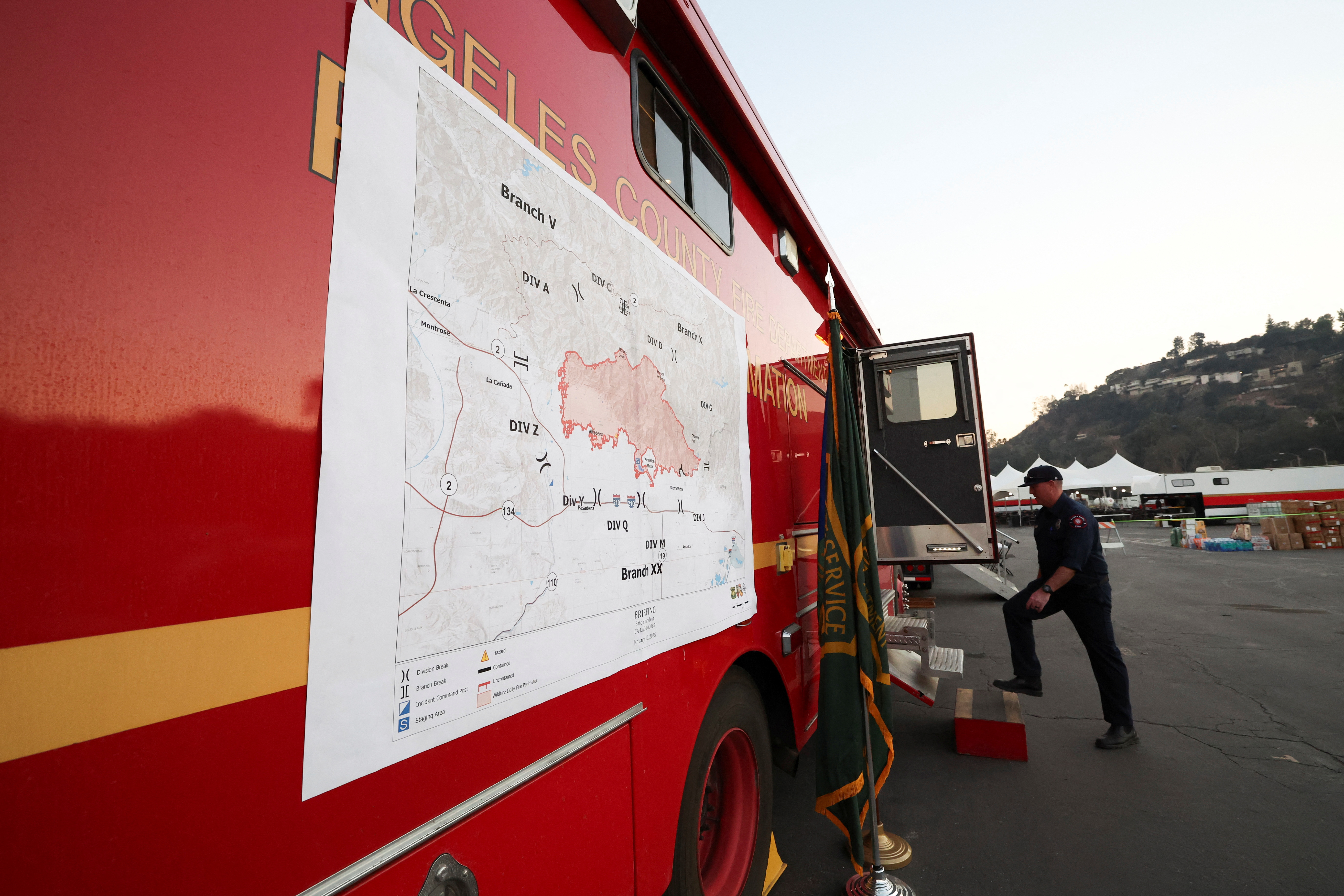 A map of the Eaton Fire is pasted outside a command center at Rose Bowl Stadium in Pasadena, California, U.S., January 10, 2025. REUTERS/Mario Anzuoni