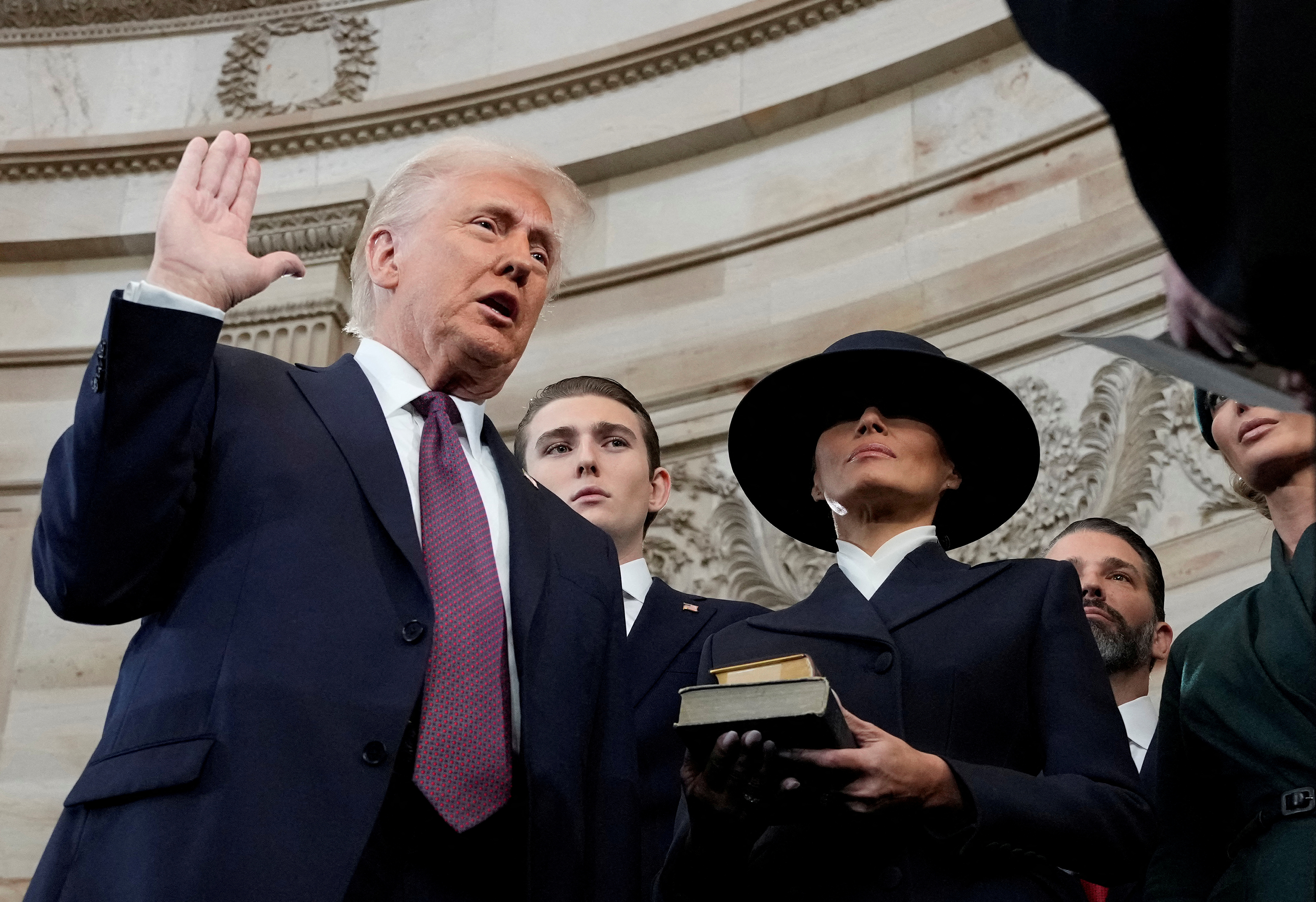 Donald Trump is sworn in as the 47th president of the United States during the 60th Presidential Inauguration in the Rotunda of the U.S. Capitol in Washington, Monday, Jan. 20, 2025. Pool via REUTERS/Morry Gash