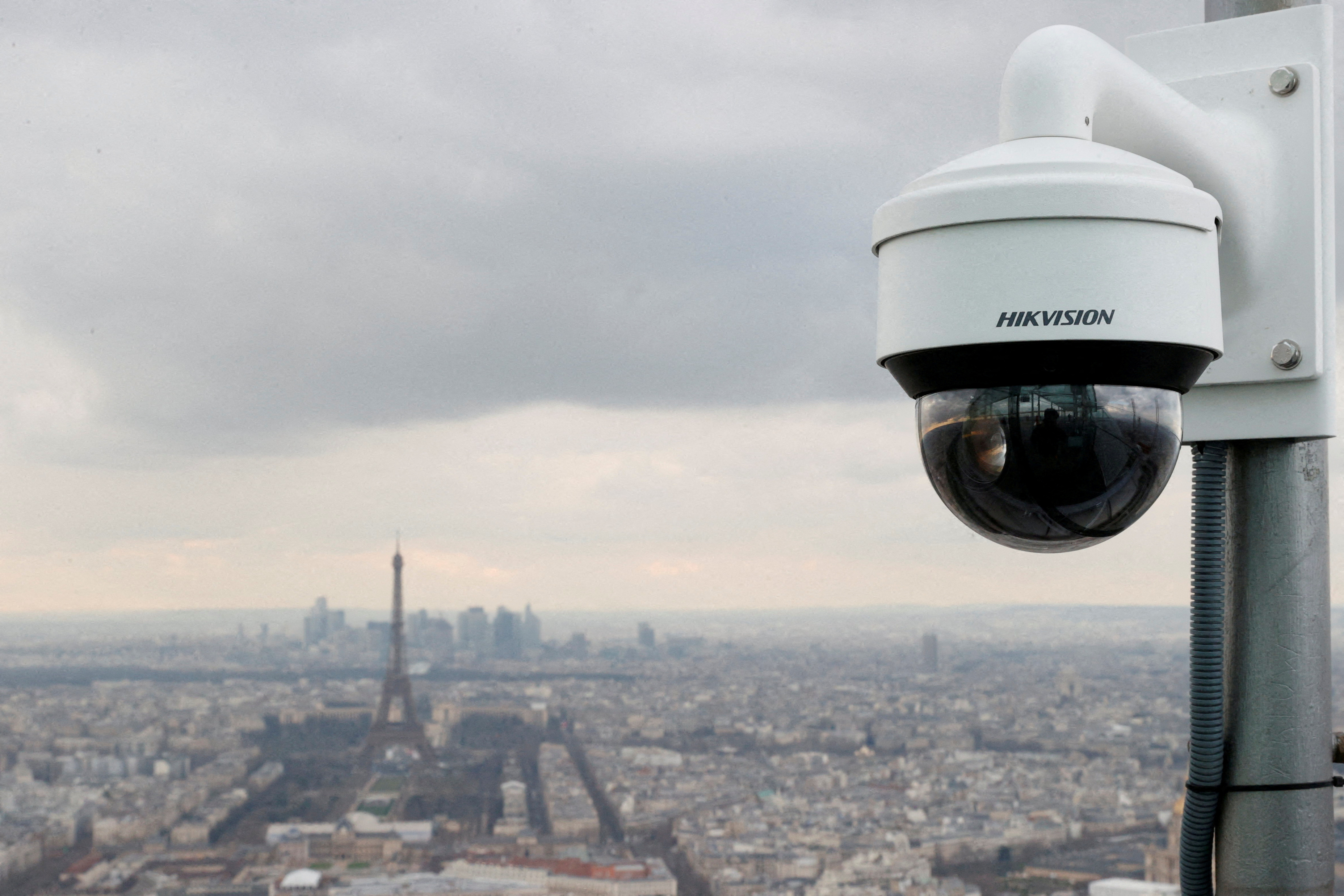 A view shows a surveillance camera as French police start to test artificial intelligence-assisted video surveillance of crowds in the run-up to the Olympics in Paris, France, March 6, 2024. REUTERS/Abdul Saboor