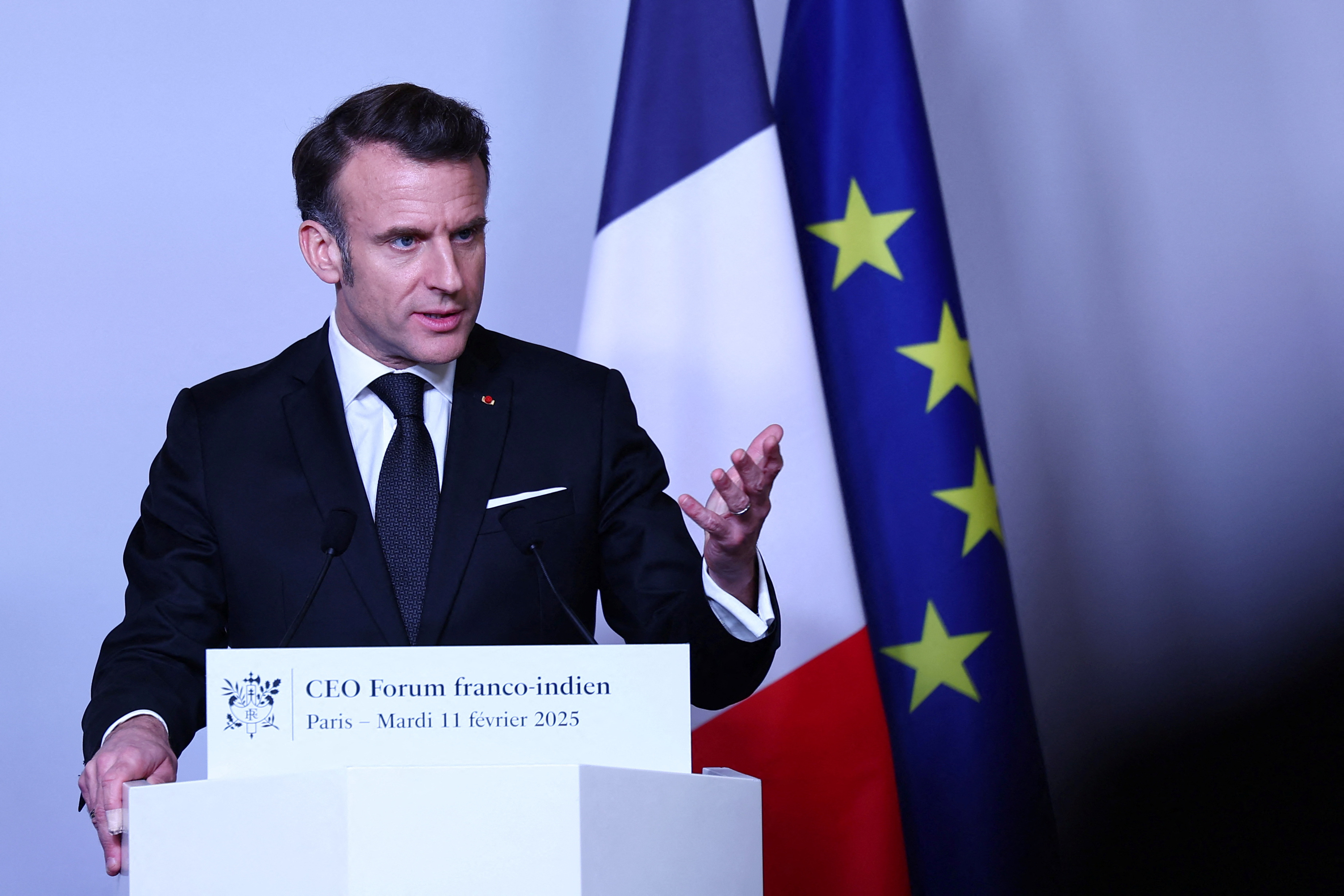 French President Emmanuel Macron delivers a speech during the closing session of the Franco-Indian Economic Forum at the Quai d'Orsay following the Artificial Intelligence (AI) Action Summit in Paris, France, February 11, 2025. REUTERS/Abdul Saboor/Pool