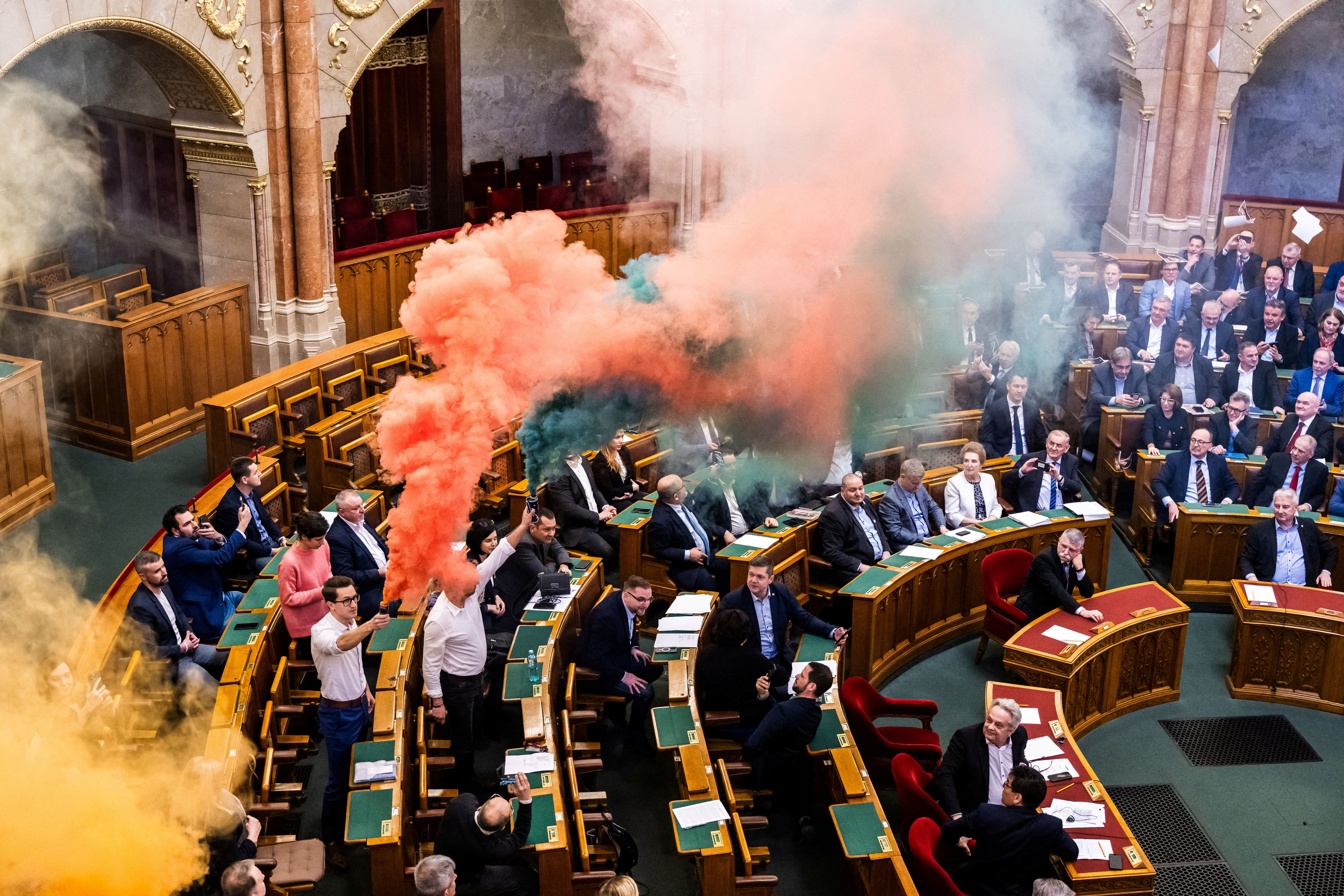 A general view of the Hungarian parliament as it votes on a bill that would ban the Pride march by LGBTQ+ communities and impose fines on organizers and people attending the event in Budapest, Hungary, March 18, 2025. REUTERS/Marton Monus