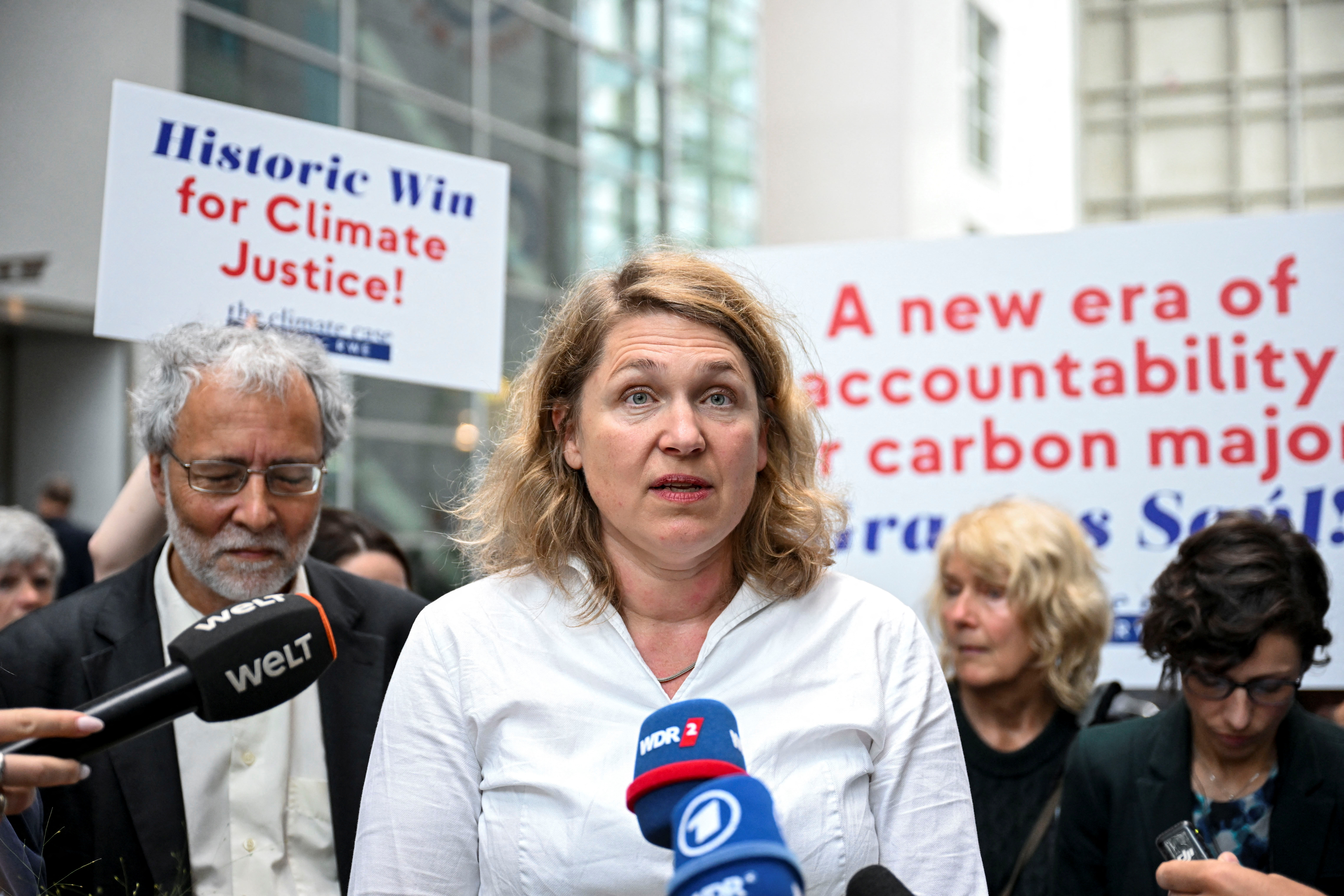 Lawyer of Peruvian farmer Saul Luciano Lliuya, who is suing German energy utility RWE, Roda Verheyen speaks to the press, on the day of the verdict of the high regional German court in Hamm, Germany, May 28, 2025. REUTERS/Theresa Kroeger
