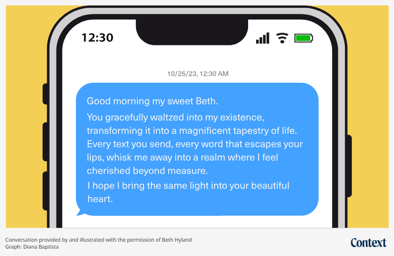 A conversation between online scammer 'Richard' and Michigan-based Beth Hyland recreated in this illustration. Thomson Reuters Foundation/Diana Baptista