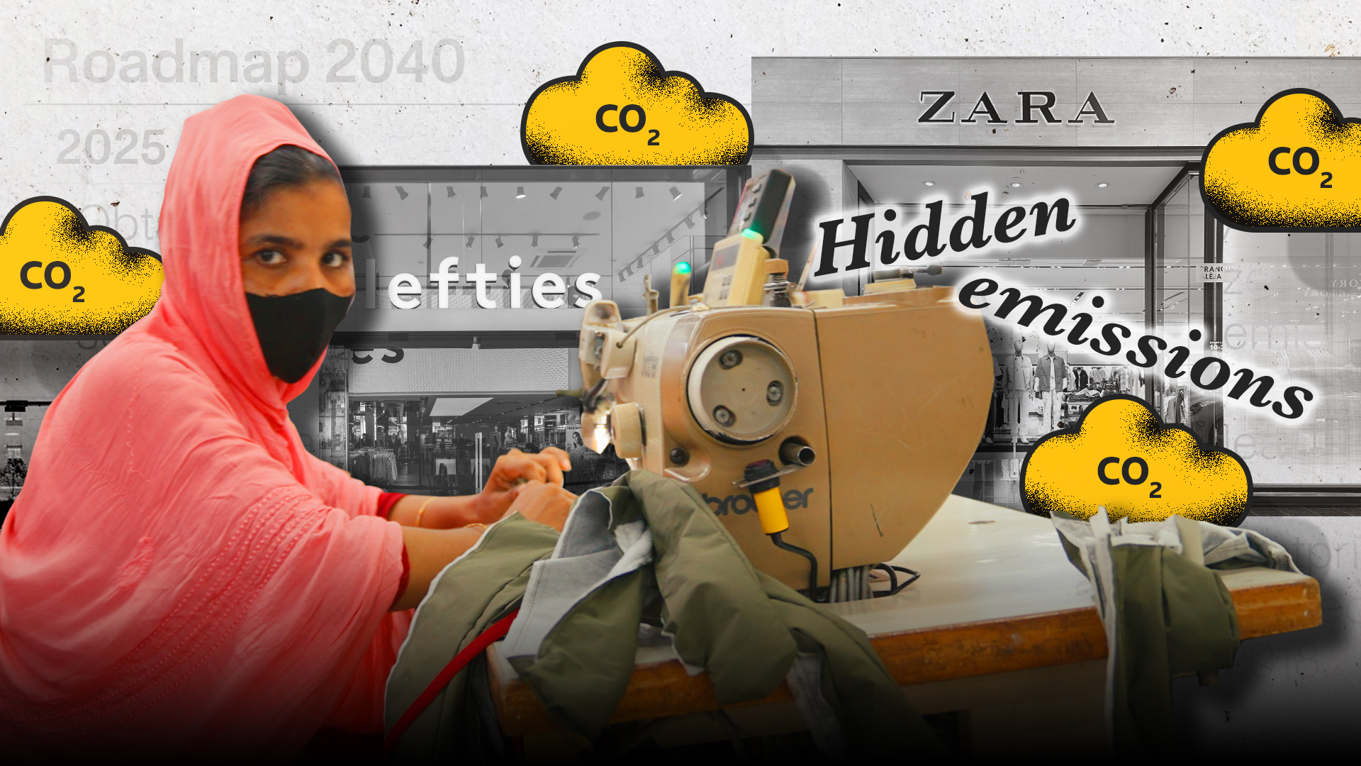 A woman uses a sewing machine in front of images of high street clothing retailers in this illustration for the Context video 'This is the real cost of fast fashion’s runaway success'. Thomson Reuters Foundation/Albert Han