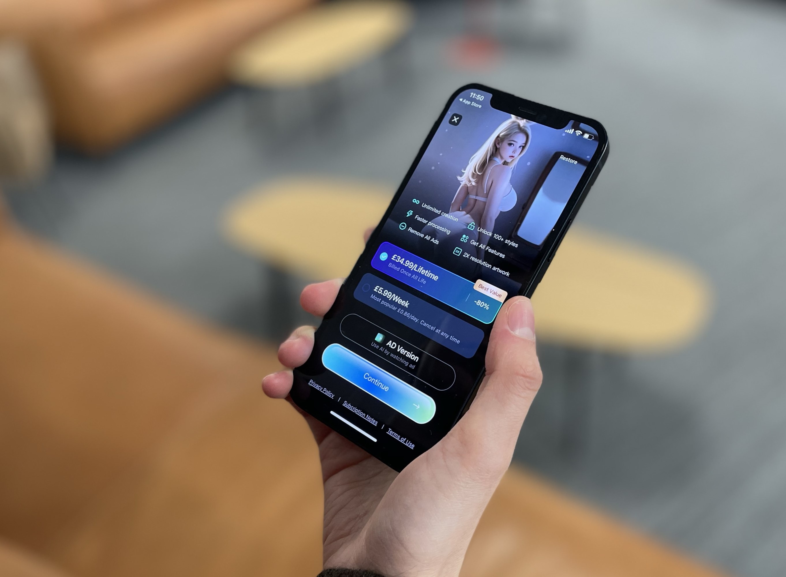 A person holds a phone showing a screenshot of the AI art app Girl. July 16. Thomson Reuters Foundation/Adam Smith