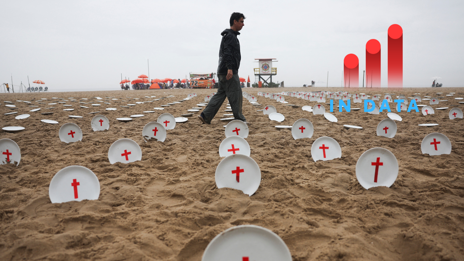 A man walks near an installation of 733 empty plates with red crosses on the sand of Copacabana beach, representing the 733 million people who suffer from hunger worldwide, ahead of the G20 summit in Rio de Janeiro, Brazil November 16, 2024. REUTERS/Pilar Olivares