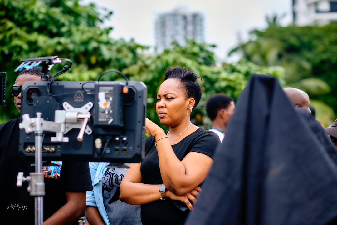 Nigerian director Sarah Kwaji and crew on the set of "Out in the Darkness" in Lagos on August 11, 2023. Sarah Stella Kwaji Productions/Handout via Thomson Reuters Foundation