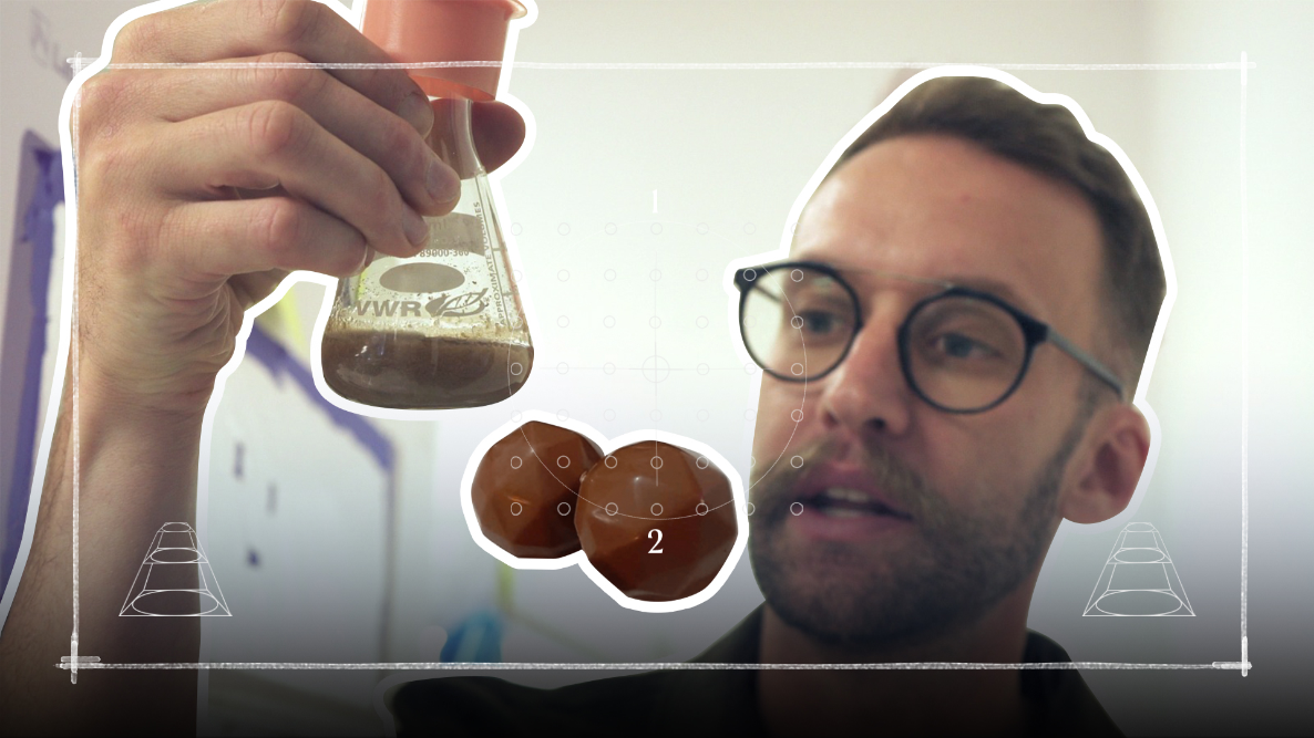 Steven Stearns, Head of Strategy and Development at California Cultured, is pictured preparing lab-grown chocolate prototype using a technology called "plant cell culture" for the for the Context video 'Can a more ethical chocolate bar be grown in the lab?'