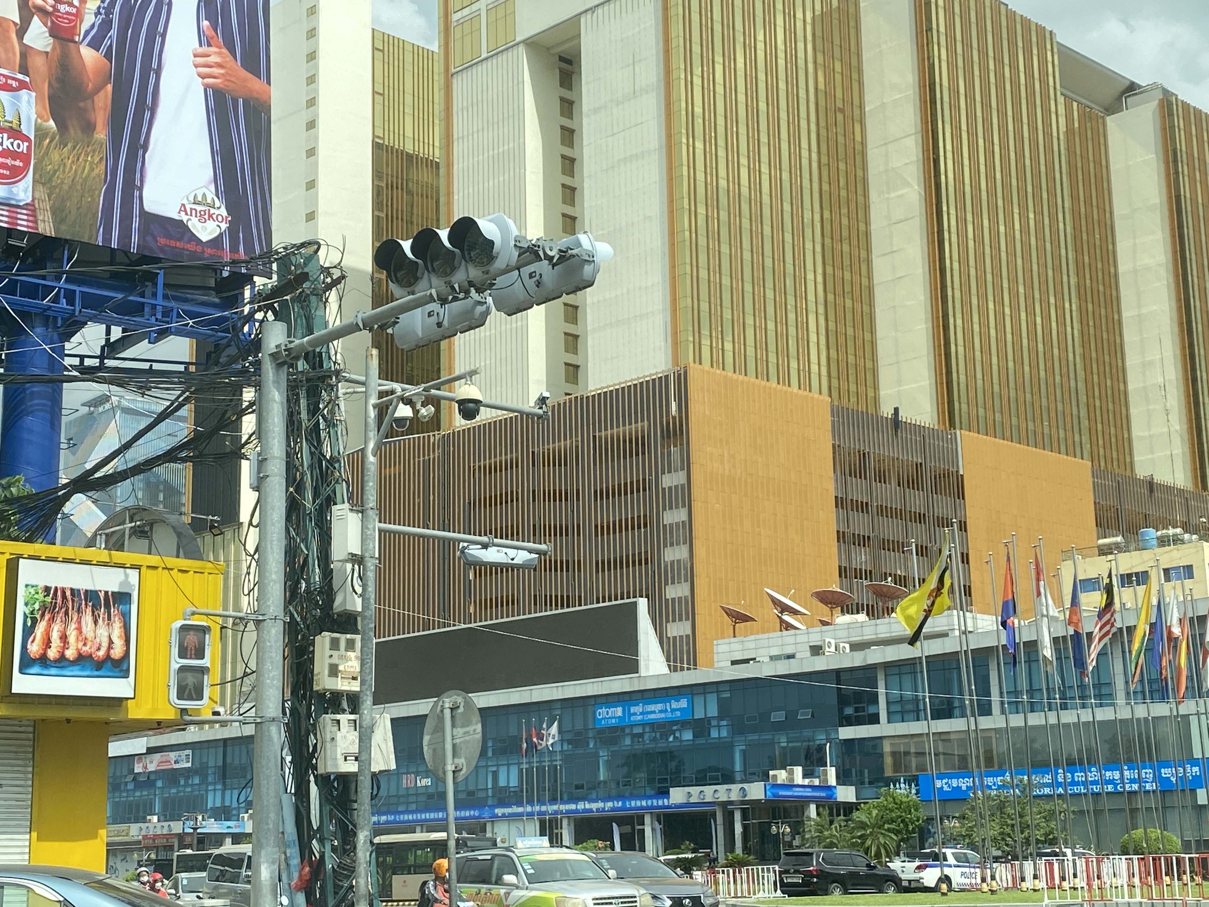 Security cameras near the Nagaworld casino and hotel complex in Phnom Penh, Cambodia.