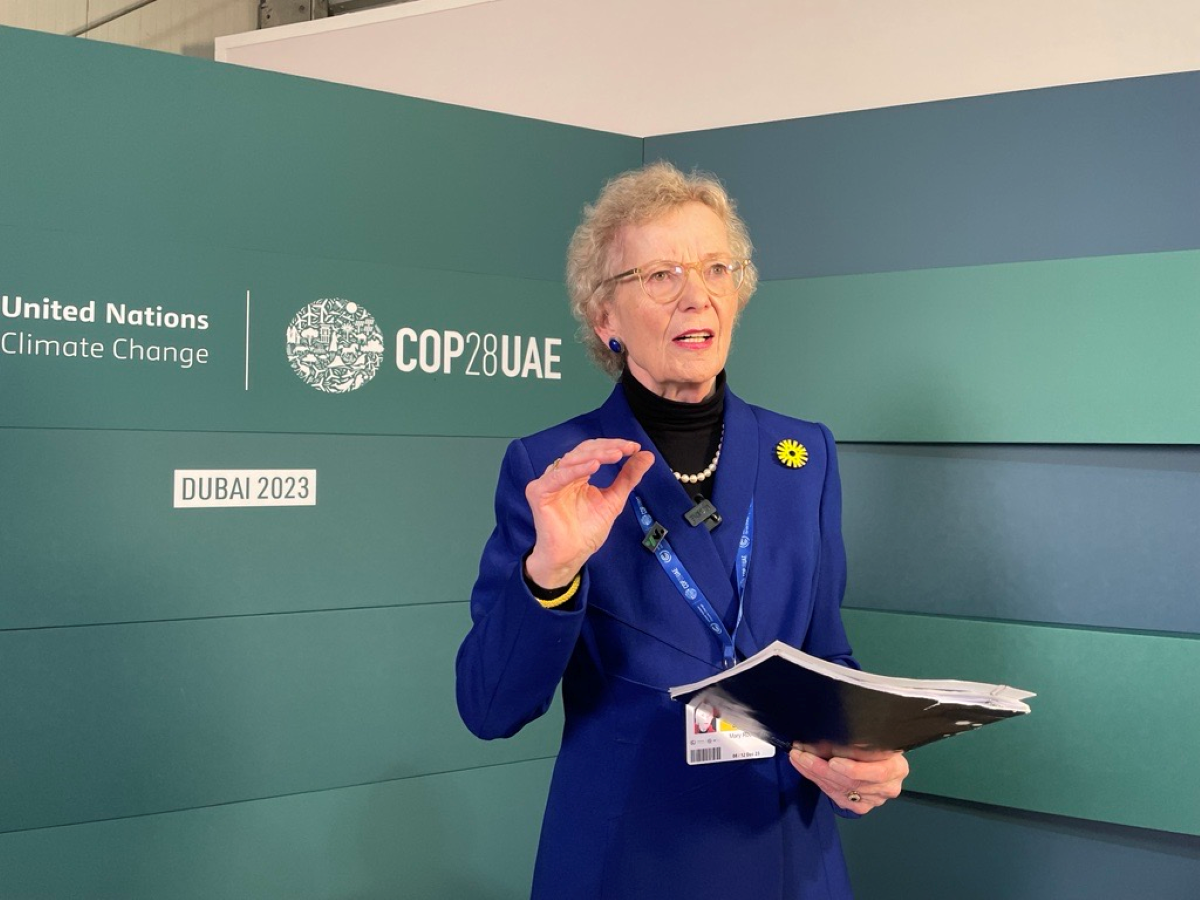 Mary Robinson, chair of The Elders and former Irish president, speaks in an interview with Context at the COP28 U.N. climate conference in Dubai, United Arab Emirates, on December 10, 2023