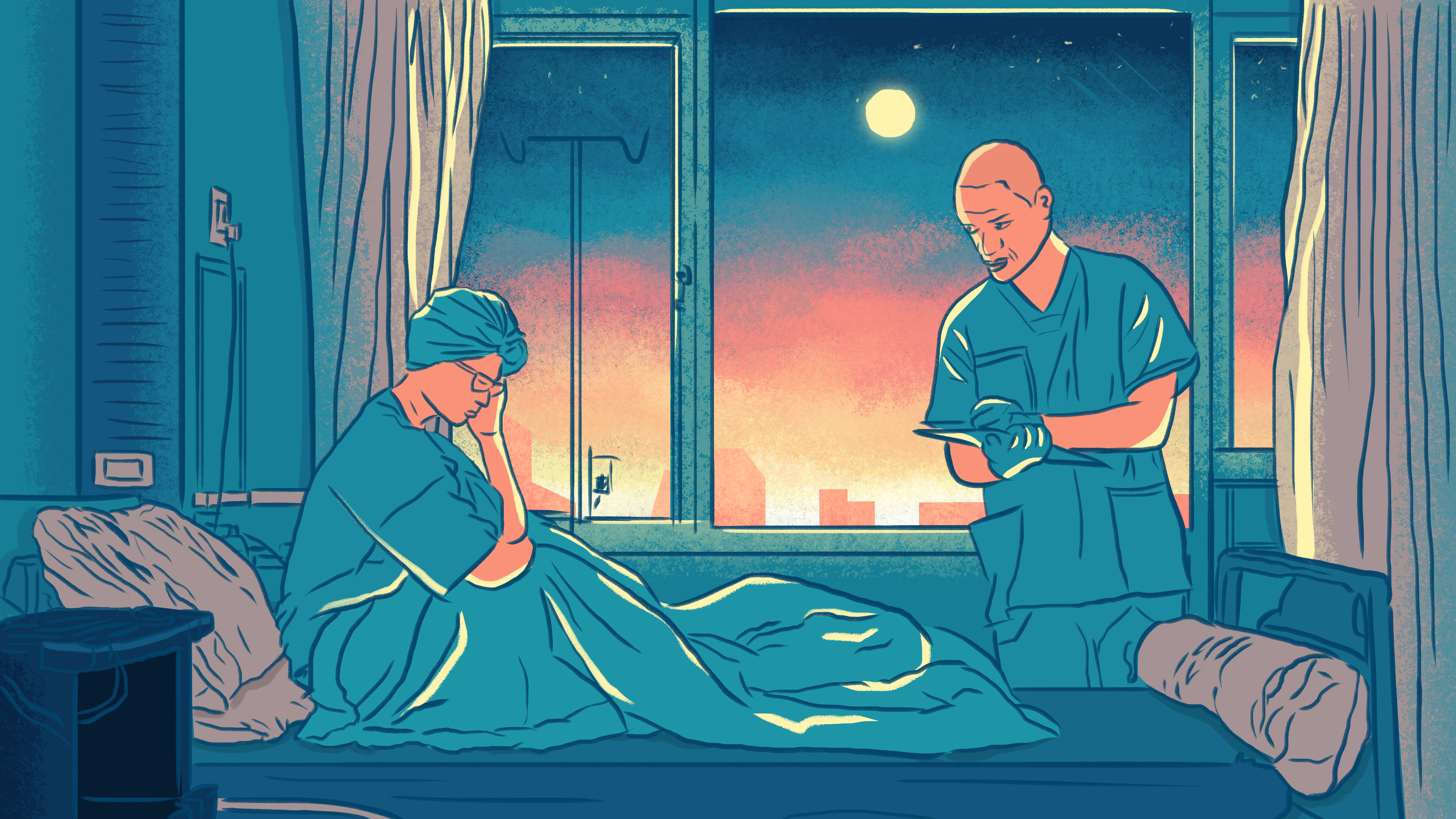 A woman sits in a hospital bed while a nurse attends in this illustration. Ruann said she was misgendered and harassed by a nurse when being treated for an acid burn when she was 18. Thomson Reuters Foundation/Karif Wat