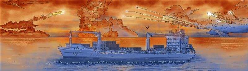 A ship drifts in the middle of missile attacks in this illustration photo. Thomson Reuters Foundation/Karif Wat
