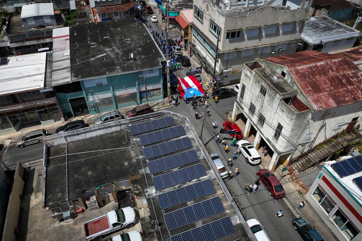 Aerial view of solar microgrid in Adjuntas, Puerto Rico. March 18, 2023. Ricardo Arduengo/Honnold Foundation/Handout via Thomson Reuters Foundation