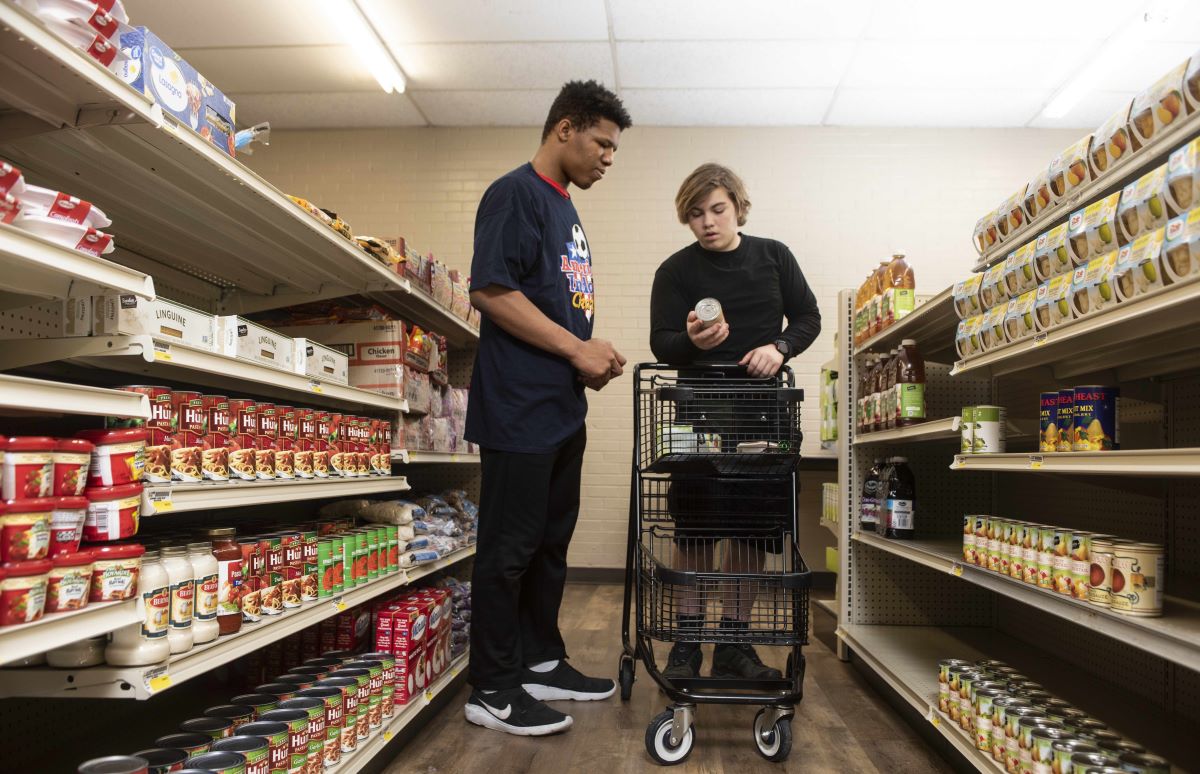 Inside the student-run grocery store at Linda Tutt High School in Sanger, Texas, in late 2021. Texas Health Resources/Handout via Thomson Reuters Foundation