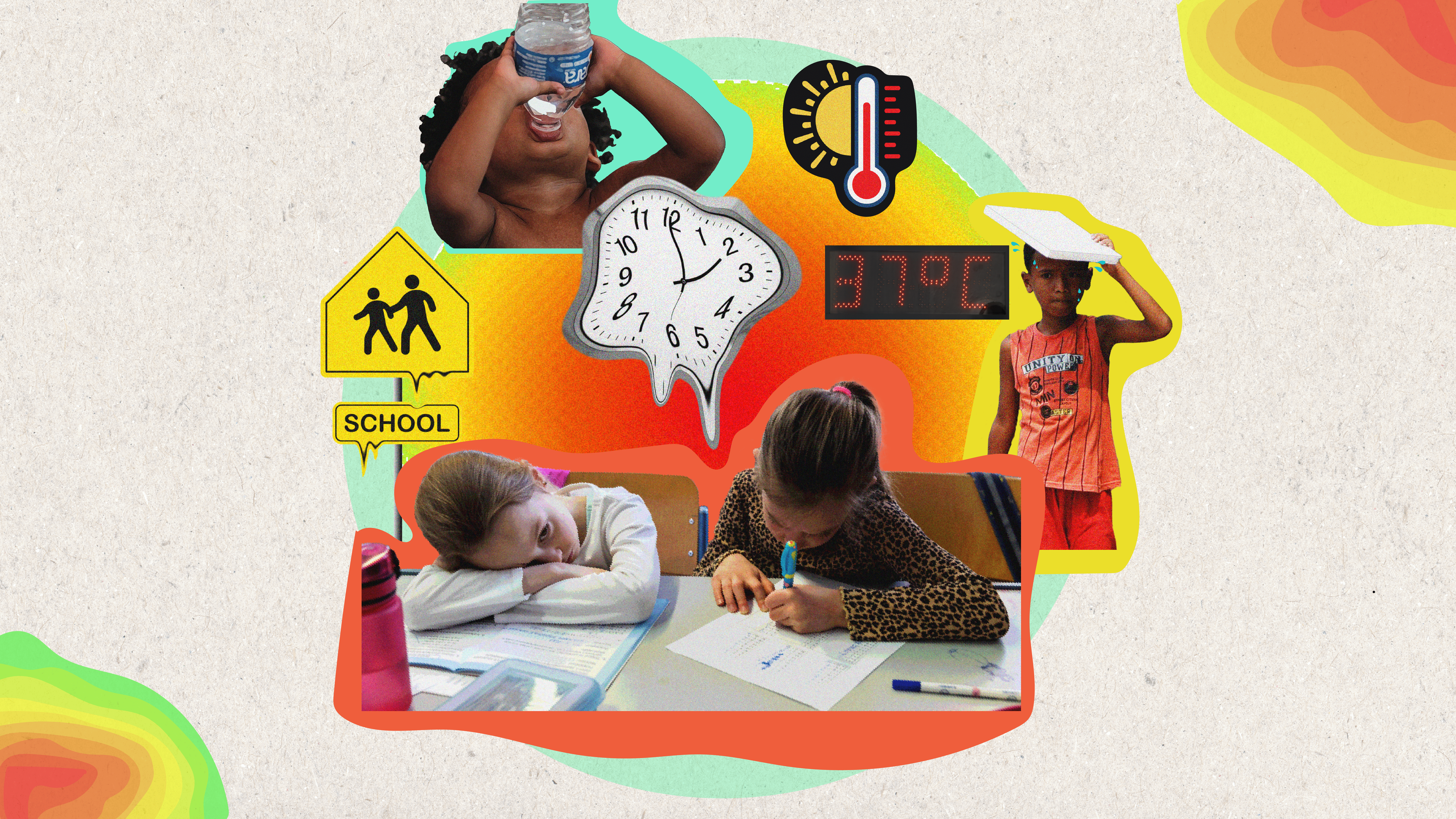 Children study in a classroom in this illustration photo. The photo shows signs of heat in schools: a melting clock and school sign, a sign reading 37 degrees and a thermometer. One child holds a notepad over his head, one drinks water, and two others study at their desk. Thomson Reuters Foundation/Mayo Akin-Oteniya