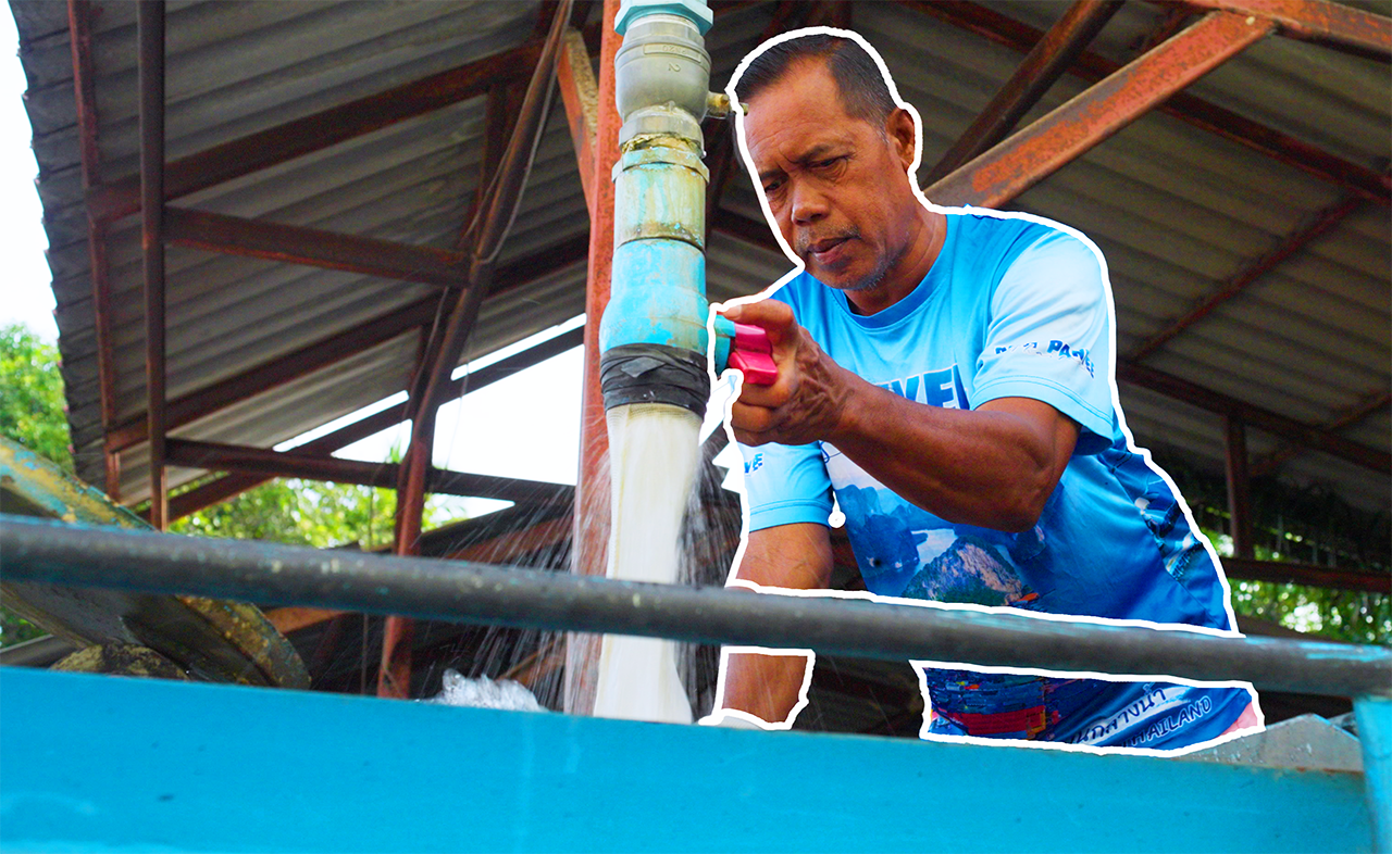 A man gets water from a pump in this graphic. Thomson Reuters Foundation/Ranel Felix