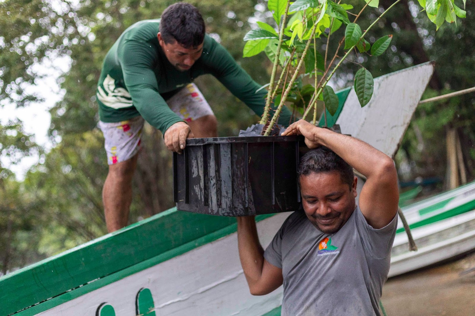Agents from a reforestation project from NGO IPÊ disembark with tree seedlings in RDS Puranga Conquista, Manaus, Brazil, March 13, 2025. Nathalie Brasil/Thomson Reuters Foundation