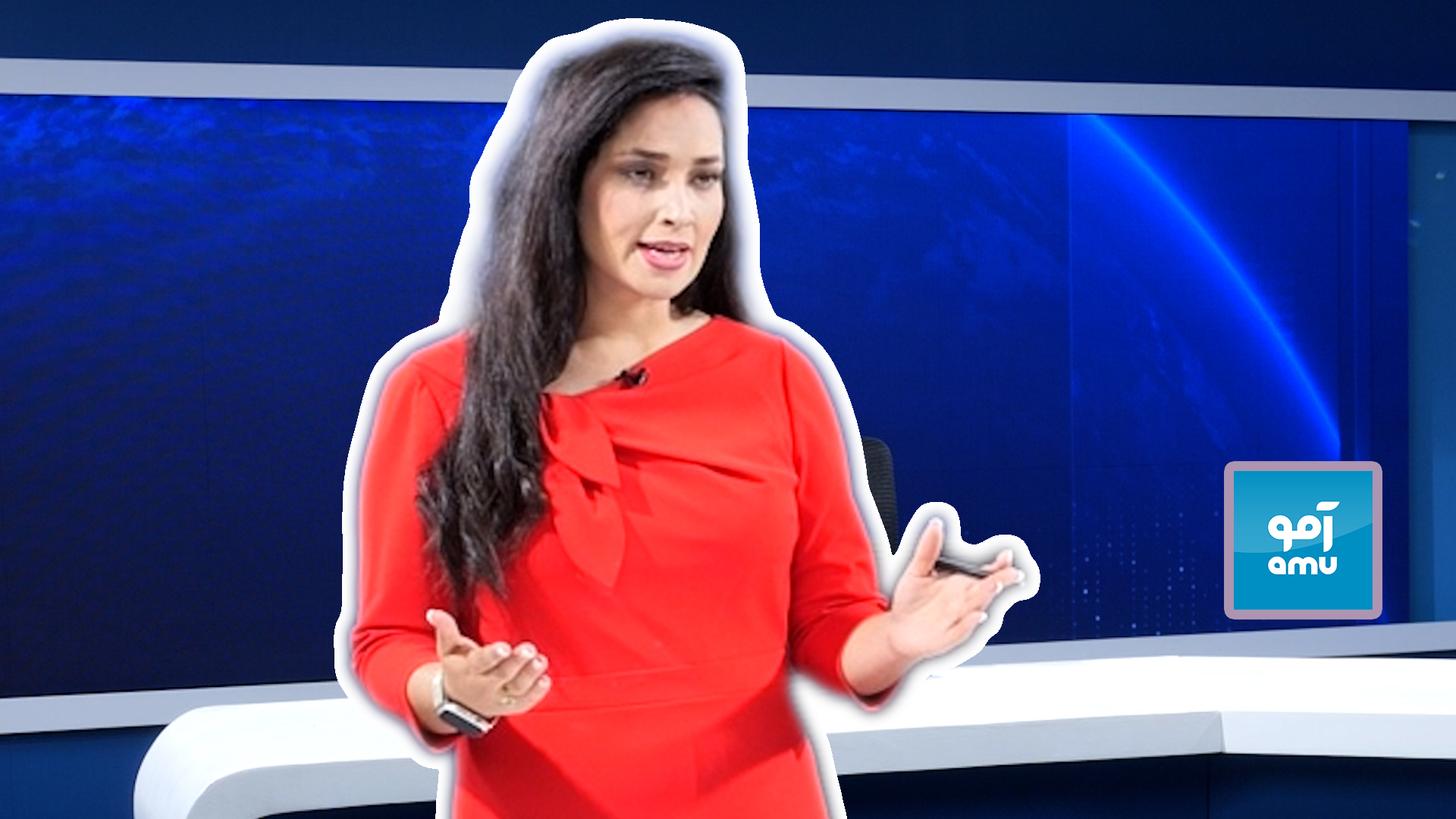An illustration shows a woman news reporter gesturing. Thomson Reuters Foundation